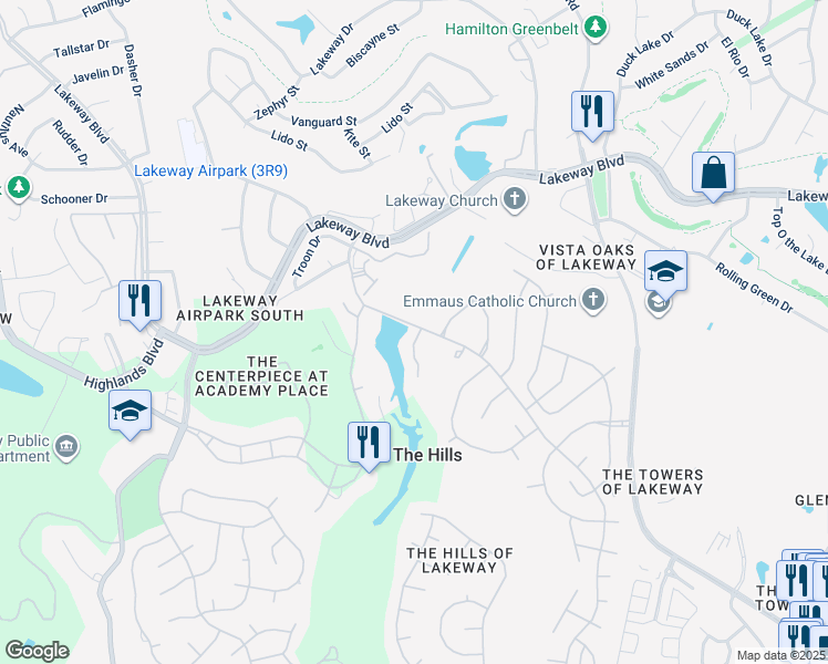 map of restaurants, bars, coffee shops, grocery stores, and more near 349 The Hills Drive in The Hills
