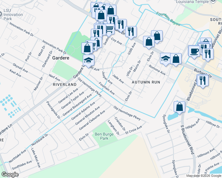 map of restaurants, bars, coffee shops, grocery stores, and more near 1785 Fountain Avenue in Baton Rouge
