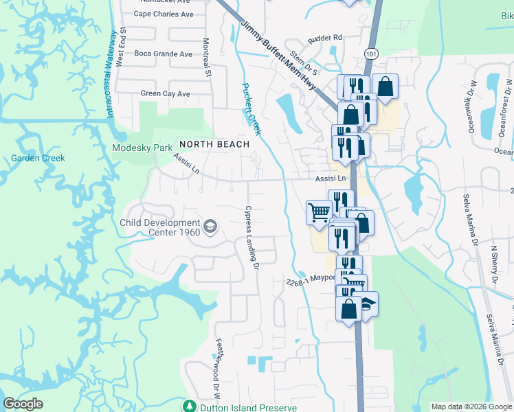 map of restaurants, bars, coffee shops, grocery stores, and more near 1042 Cypress Landing Court in Jacksonville