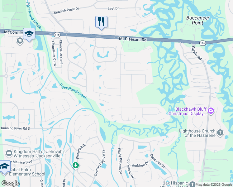 map of restaurants, bars, coffee shops, grocery stores, and more near 12358 Gately Ridge Court in Jacksonville