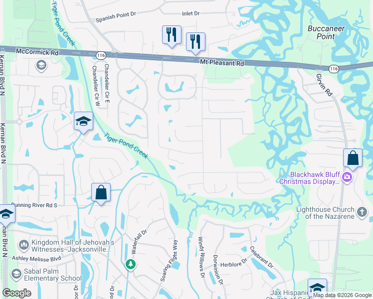 map of restaurants, bars, coffee shops, grocery stores, and more near 12358 Gately Ridge Court in Jacksonville