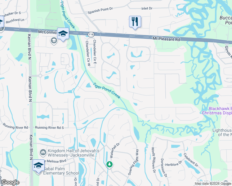 map of restaurants, bars, coffee shops, grocery stores, and more near 13934 Ponderosa Pine Drive East in Jacksonville