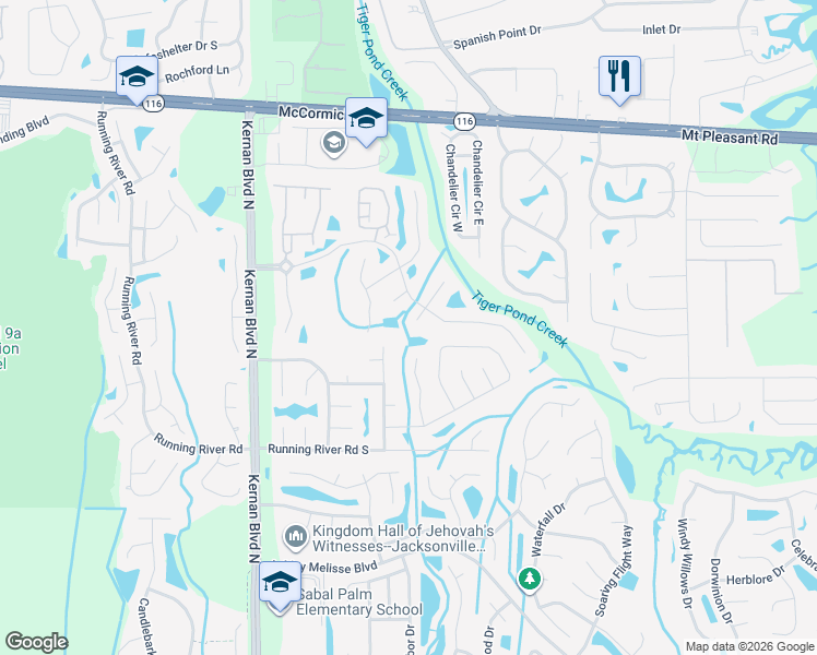 map of restaurants, bars, coffee shops, grocery stores, and more near 1651 Kernan Forest Court in Jacksonville