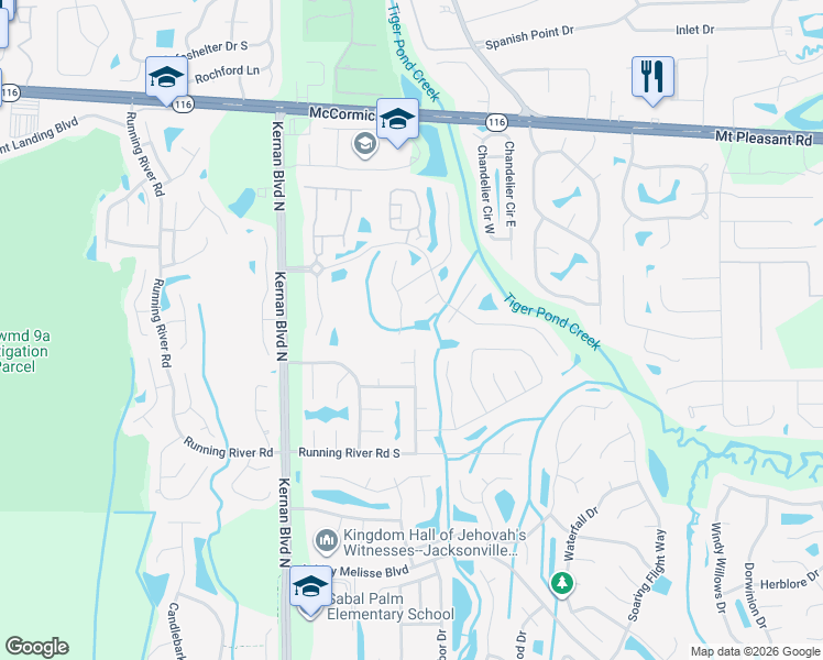 map of restaurants, bars, coffee shops, grocery stores, and more near 1651 Kernan Forest Court in Jacksonville