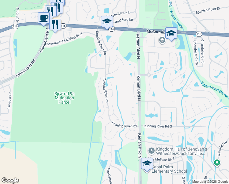 map of restaurants, bars, coffee shops, grocery stores, and more near 1599 Panther Ridge Court in Jacksonville