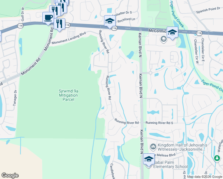map of restaurants, bars, coffee shops, grocery stores, and more near 12140 Babbling Brook Drive in Jacksonville