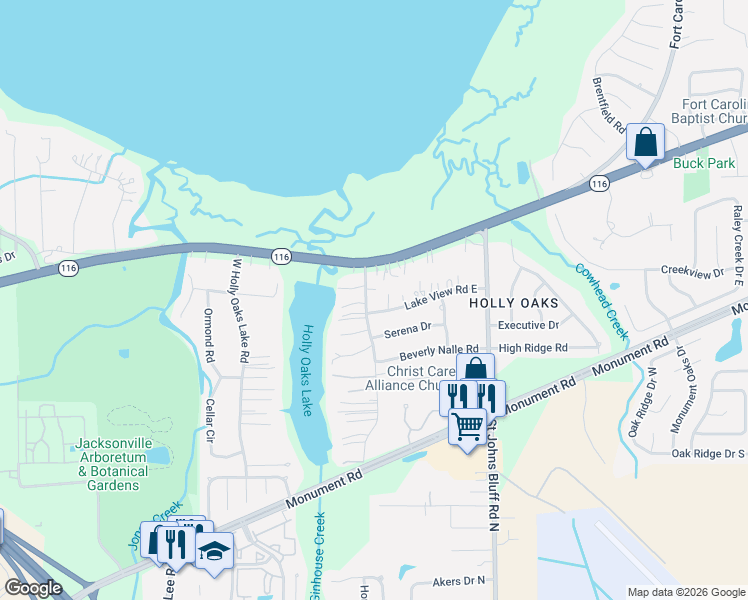 map of restaurants, bars, coffee shops, grocery stores, and more near 10533 Lake View Road East in Jacksonville