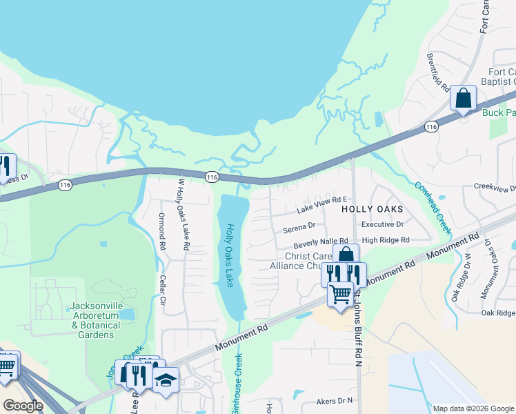 map of restaurants, bars, coffee shops, grocery stores, and more near 1924 East Holly Oaks Lake Road in Jacksonville
