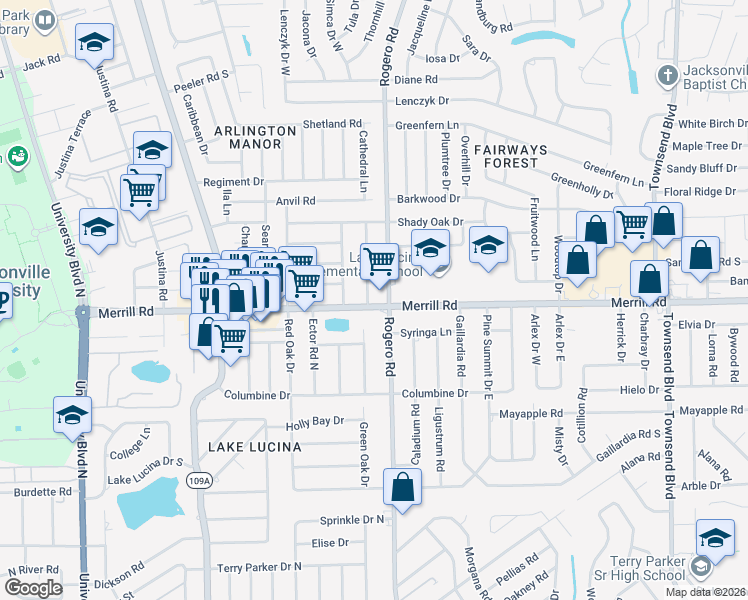 map of restaurants, bars, coffee shops, grocery stores, and more near 2820 Rogero Road in Jacksonville