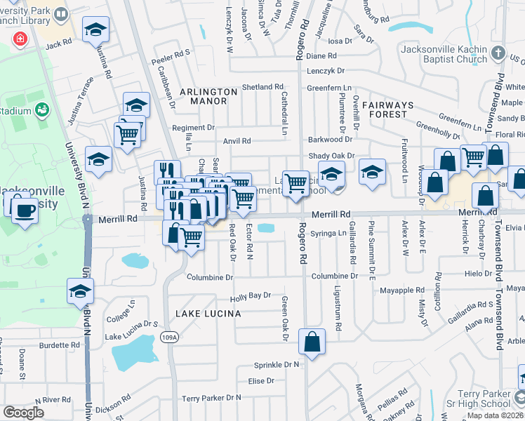 map of restaurants, bars, coffee shops, grocery stores, and more near 6238 Ashwood Lane in Jacksonville
