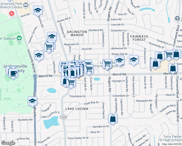 map of restaurants, bars, coffee shops, grocery stores, and more near 6238 Ashwood Lane in Jacksonville