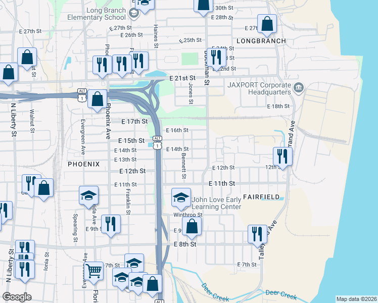 map of restaurants, bars, coffee shops, grocery stores, and more near 1517 East 14th Street in Jacksonville