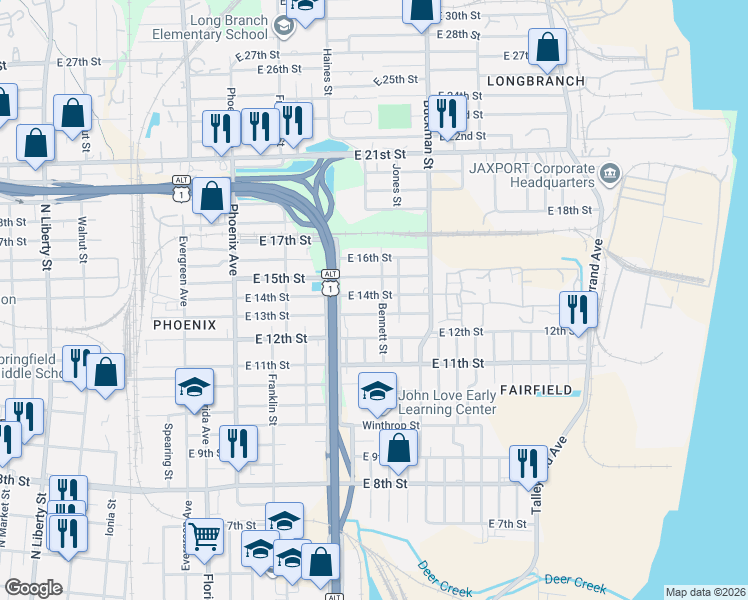 map of restaurants, bars, coffee shops, grocery stores, and more near 1503-1517 East 14th Street in Jacksonville