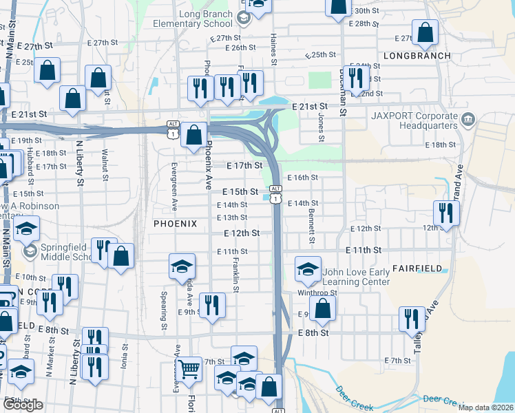 map of restaurants, bars, coffee shops, grocery stores, and more near 1257 East 14th Street in Jacksonville