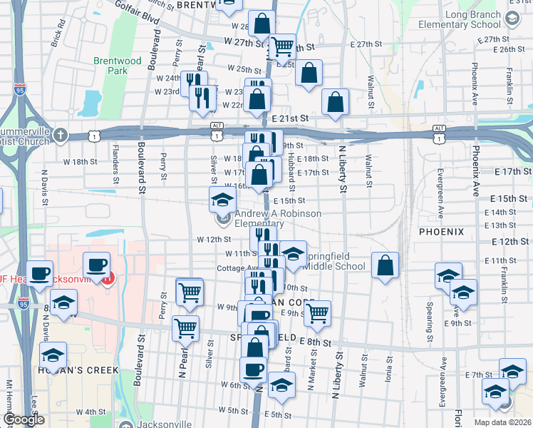 map of restaurants, bars, coffee shops, grocery stores, and more near 2402 N North Main Street in Jacksonville