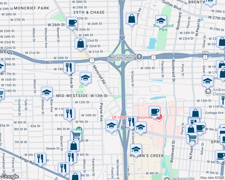 map of restaurants, bars, coffee shops, grocery stores, and more near 2507 Stuart Street in Jacksonville