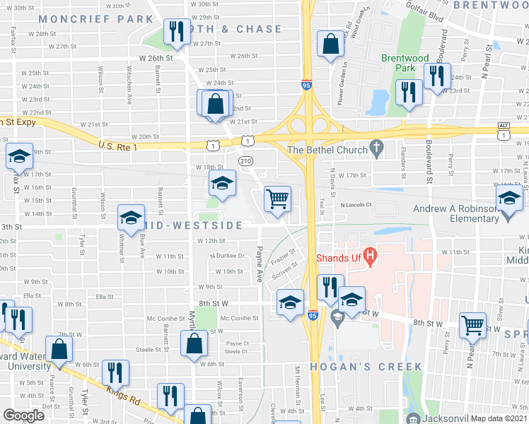 map of restaurants, bars, coffee shops, grocery stores, and more near 2333 Woodland Street West in Jacksonville