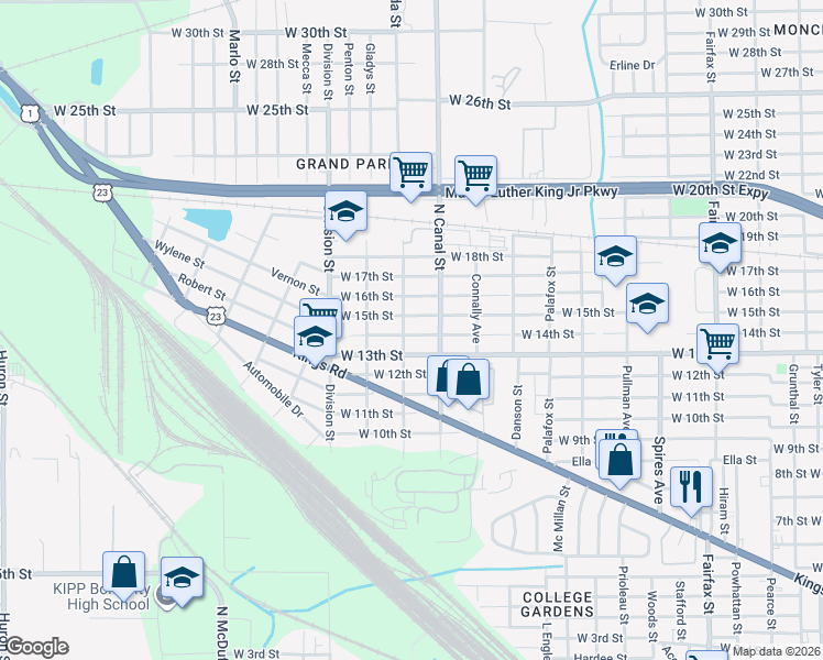 map of restaurants, bars, coffee shops, grocery stores, and more near 2208 West 15th Street in Jacksonville