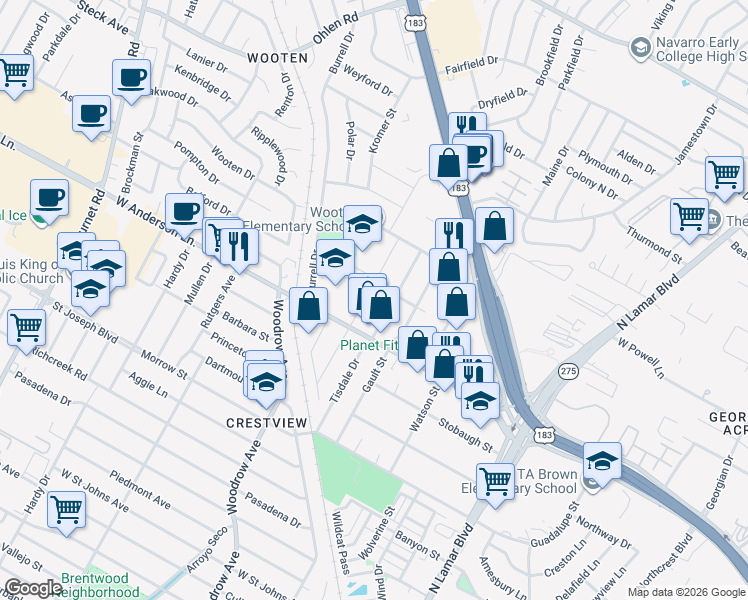 map of restaurants, bars, coffee shops, grocery stores, and more near 7921 Lazy Lane in Austin