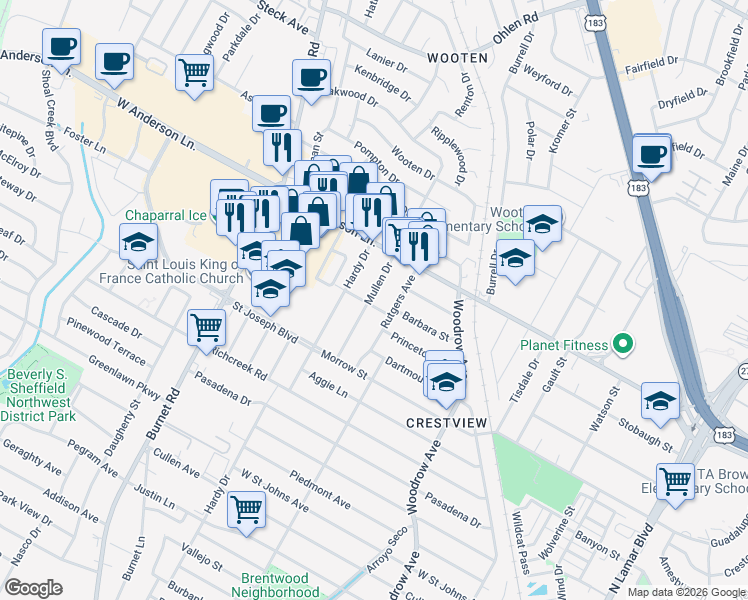 map of restaurants, bars, coffee shops, grocery stores, and more near 7807 Mullen Drive in Austin