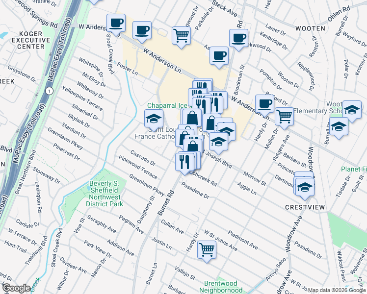 map of restaurants, bars, coffee shops, grocery stores, and more near 7532 Burnet Road in Austin