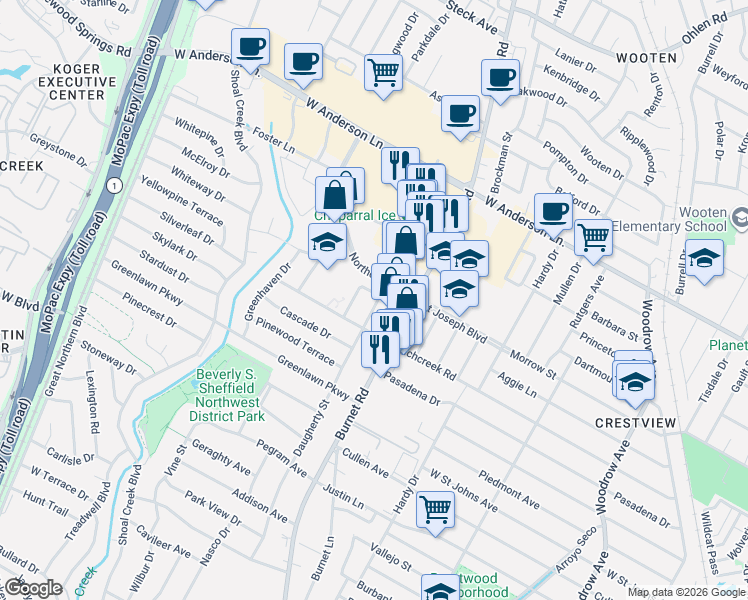 map of restaurants, bars, coffee shops, grocery stores, and more near 7511 Pineleaf Place in Austin