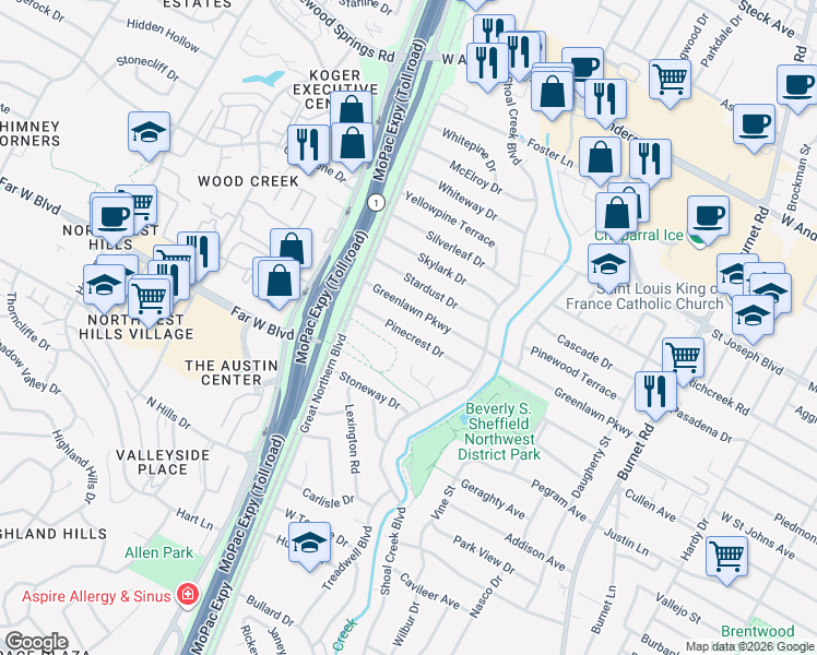 map of restaurants, bars, coffee shops, grocery stores, and more near 3105 Greenlawn Parkway in Austin
