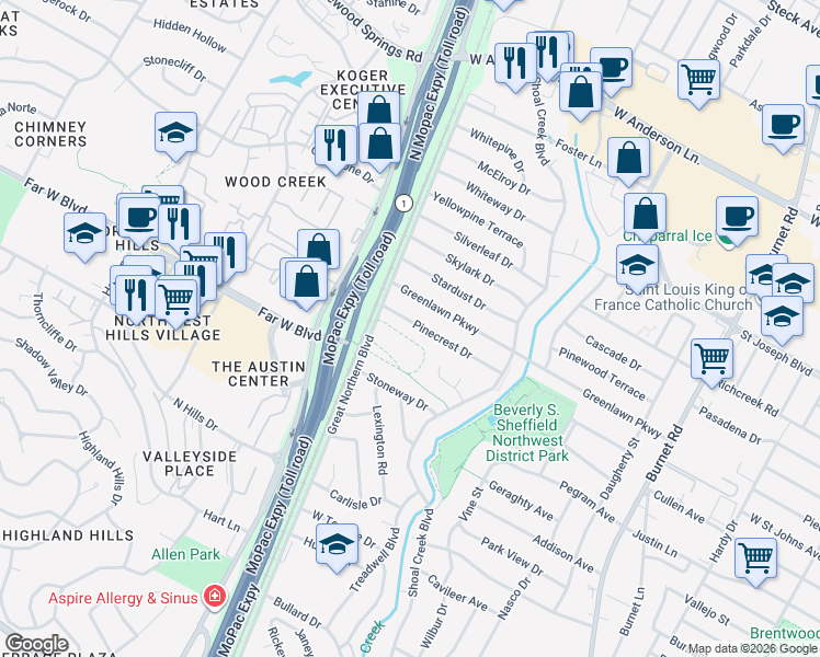 map of restaurants, bars, coffee shops, grocery stores, and more near 3206 Pinecrest Drive in Austin
