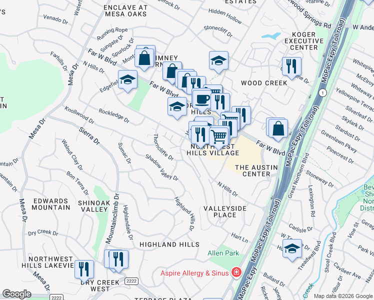 map of restaurants, bars, coffee shops, grocery stores, and more near 3635 North Hills Drive in Austin