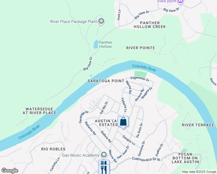 map of restaurants, bars, coffee shops, grocery stores, and more near 2900 Edgewater Drive in Austin