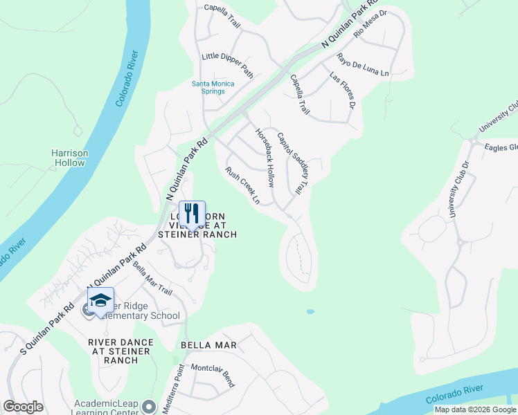 map of restaurants, bars, coffee shops, grocery stores, and more near 12605 Rush Creek Lane in Austin