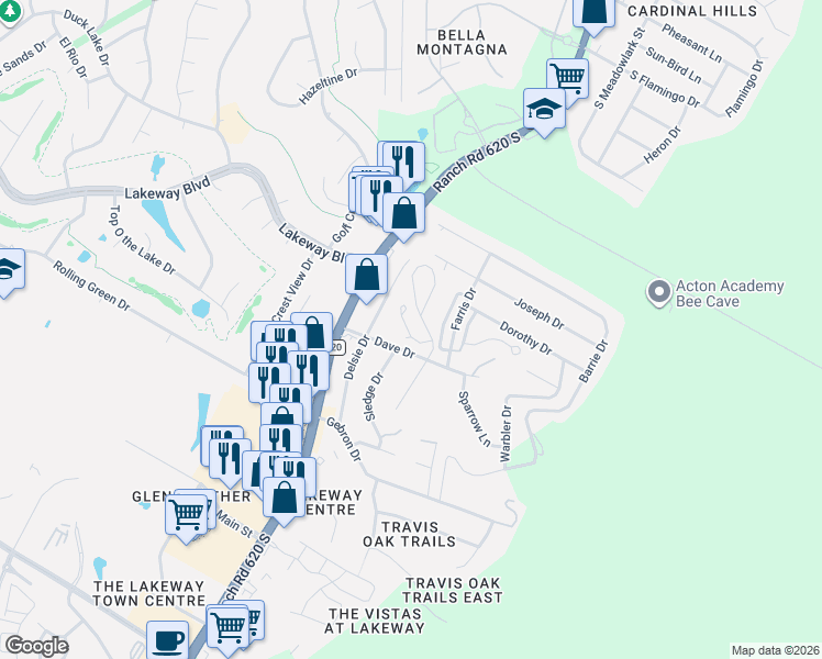 map of restaurants, bars, coffee shops, grocery stores, and more near 26 Juniper Berry Way in Lakeway