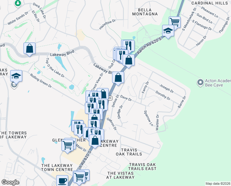 map of restaurants, bars, coffee shops, grocery stores, and more near 1017 Ranch Road 620 South in Lakeway