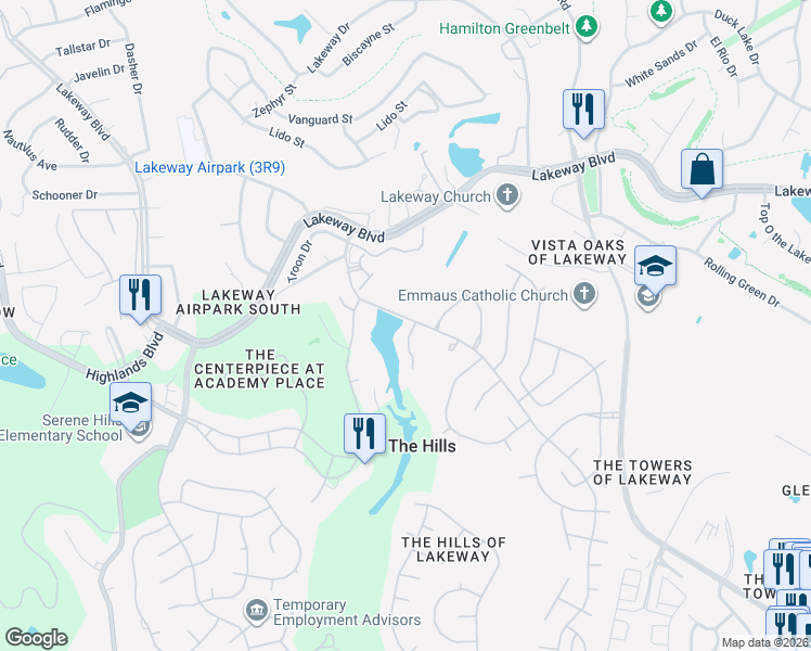 map of restaurants, bars, coffee shops, grocery stores, and more near 349 The Hills Drive in The Hills