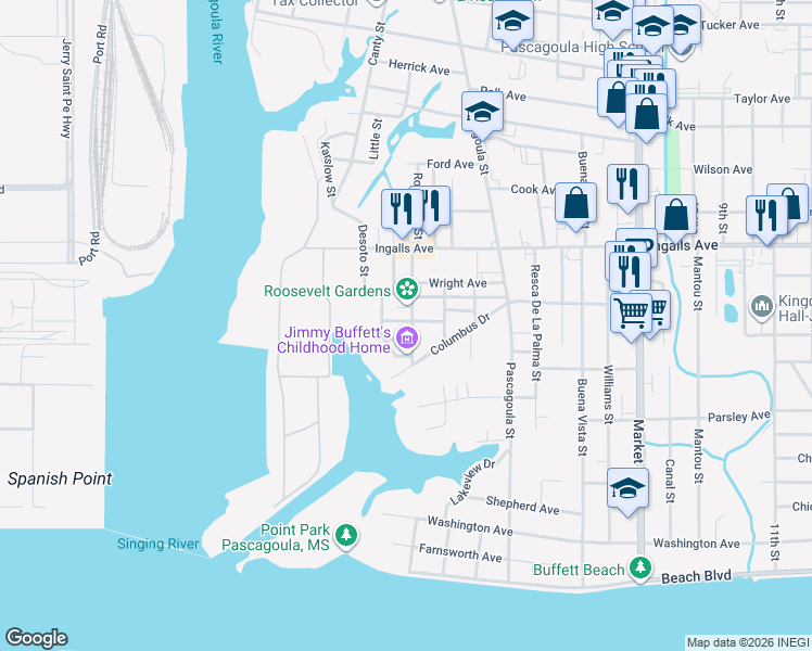 map of restaurants, bars, coffee shops, grocery stores, and more near 811 Mc Kinley Avenue in Pascagoula