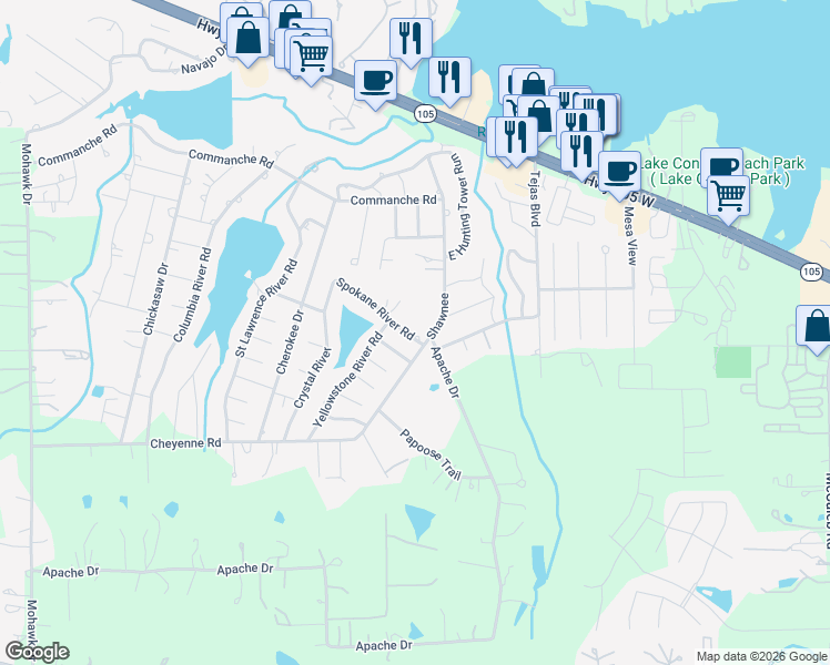 map of restaurants, bars, coffee shops, grocery stores, and more near 1011 Spokane River Road in Montgomery