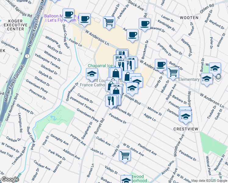map of restaurants, bars, coffee shops, grocery stores, and more near 7532 Burnet Road in Austin
