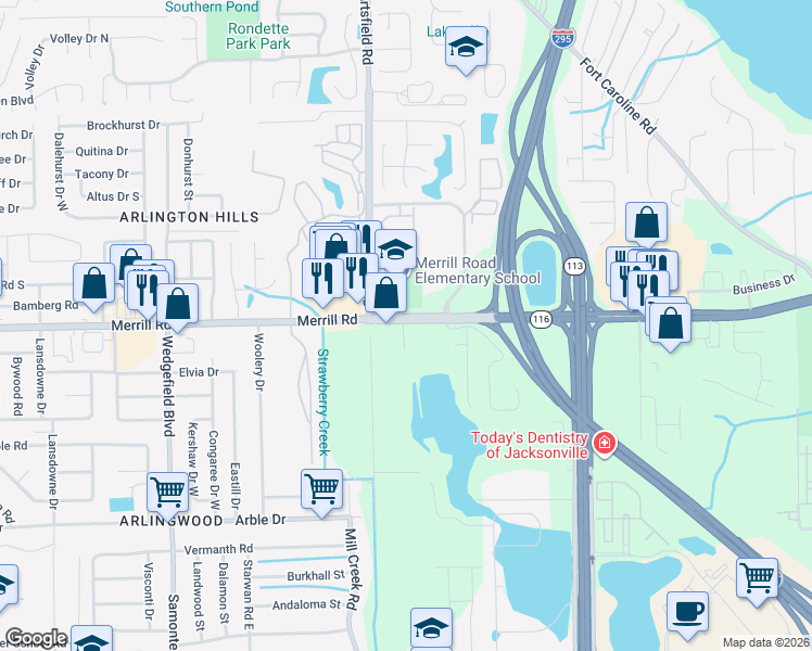 map of restaurants, bars, coffee shops, grocery stores, and more near 2256 Merrill Road in Jacksonville