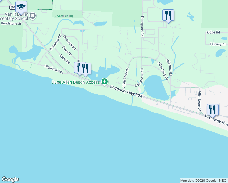 map of restaurants, bars, coffee shops, grocery stores, and more near 5689 County Road 30A in Santa Rosa Beach