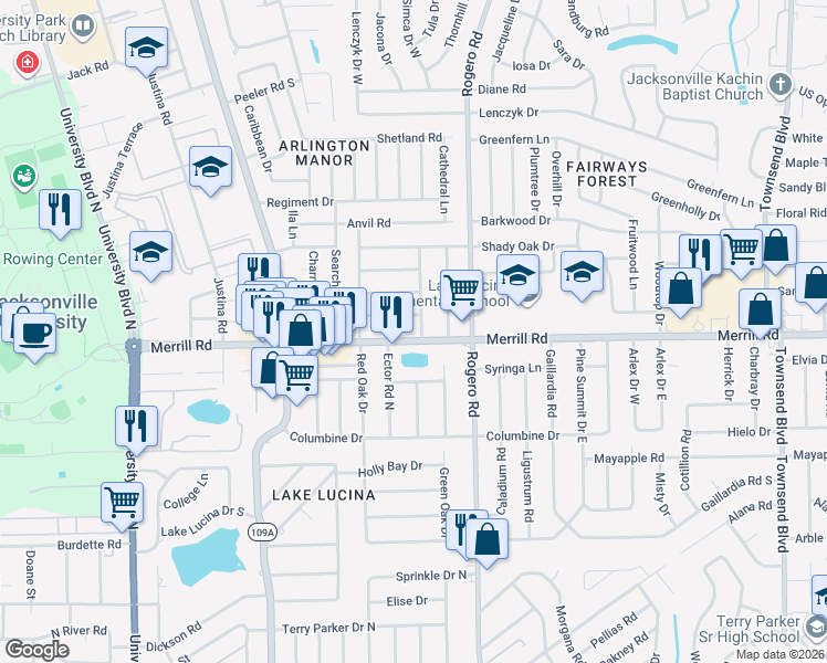 map of restaurants, bars, coffee shops, grocery stores, and more near 6265 Merrill Road in Jacksonville