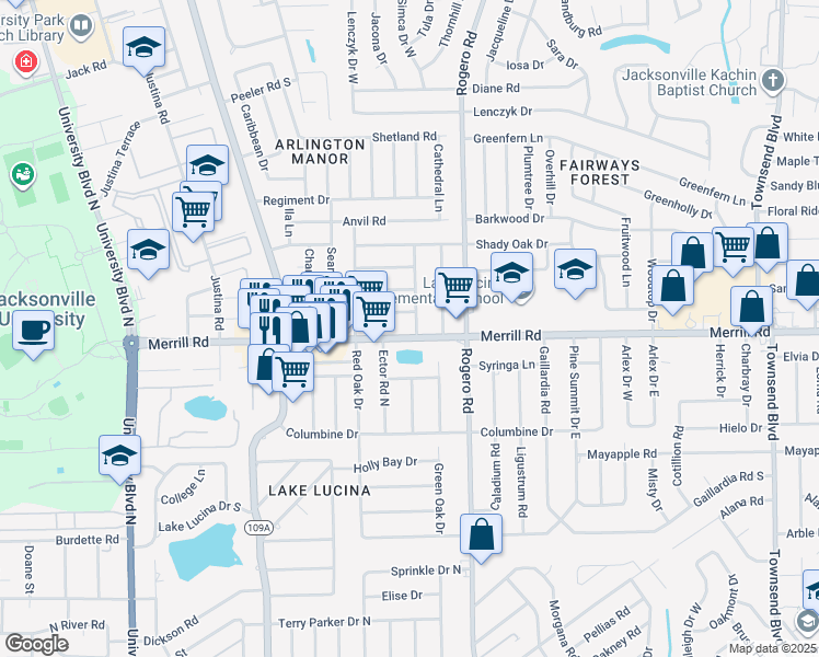 map of restaurants, bars, coffee shops, grocery stores, and more near 6265 Merrill Road in Jacksonville