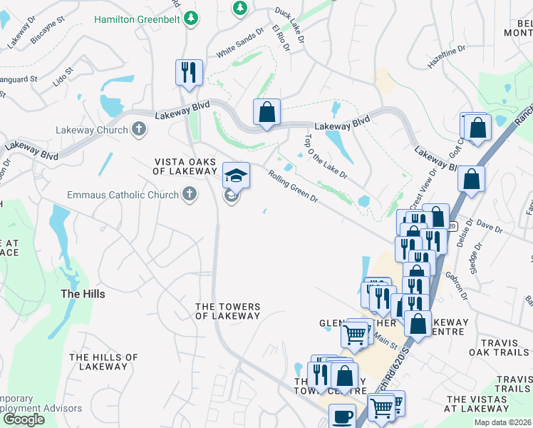 map of restaurants, bars, coffee shops, grocery stores, and more near 607 Rolling Green Drive in Lakeway