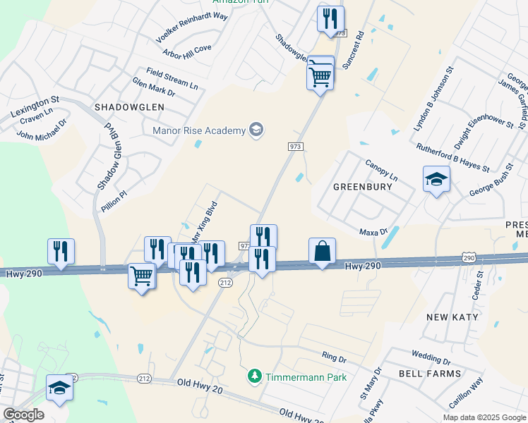 map of restaurants, bars, coffee shops, grocery stores, and more near 13191 Farm to Market Road 973 in Manor