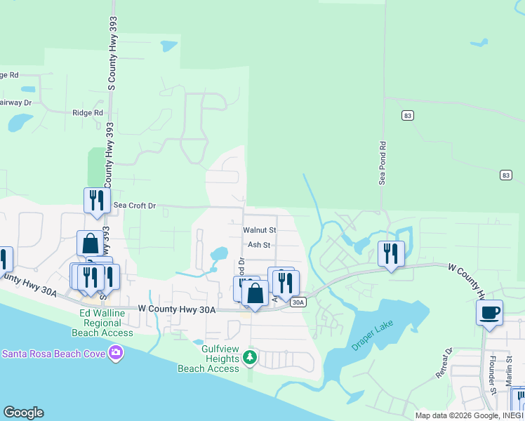 map of restaurants, bars, coffee shops, grocery stores, and more near 77 Woodland Drive in Santa Rosa Beach