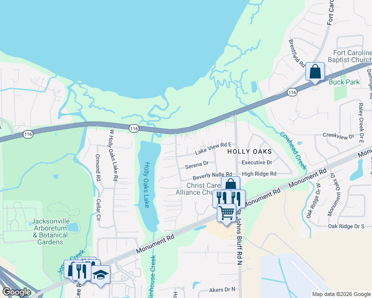 map of restaurants, bars, coffee shops, grocery stores, and more near 10533 Lake View Road East in Jacksonville