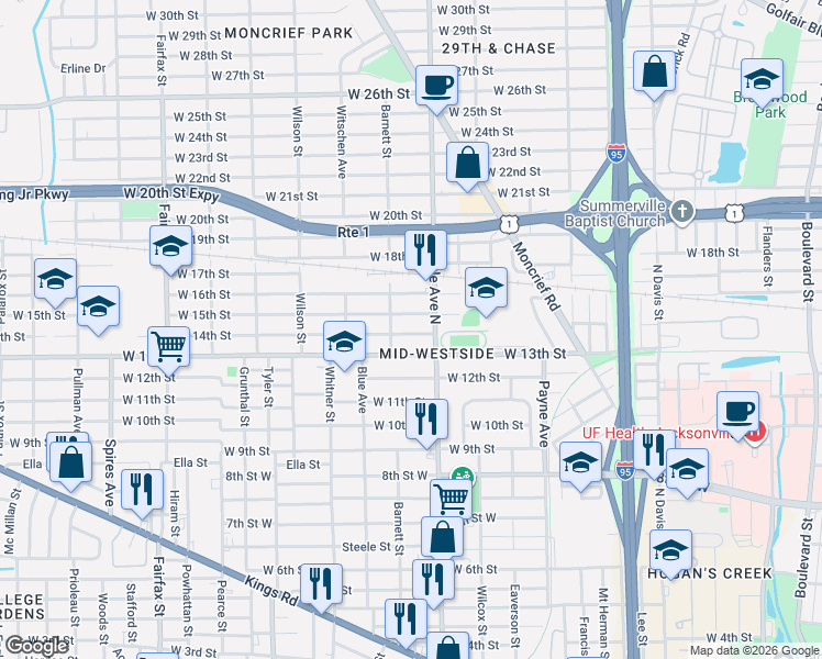 map of restaurants, bars, coffee shops, grocery stores, and more near 1326 West 15th Street in Jacksonville