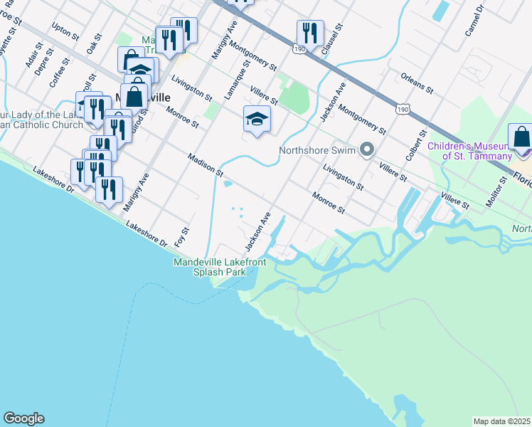 map of restaurants, bars, coffee shops, grocery stores, and more near 350 Jackson Avenue in Mandeville