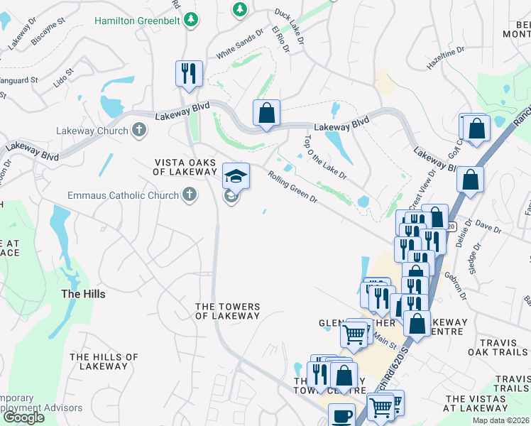 map of restaurants, bars, coffee shops, grocery stores, and more near 607 Rolling Green Drive in Lakeway