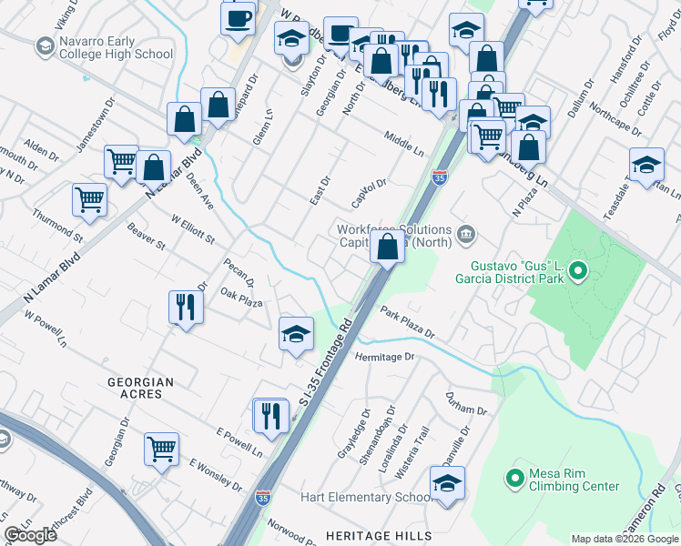 map of restaurants, bars, coffee shops, grocery stores, and more near 8800 North Interstate Highway 35 in Austin
