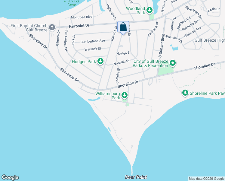 map of restaurants, bars, coffee shops, grocery stores, and more near 301 Shoreline Drive in Gulf Breeze